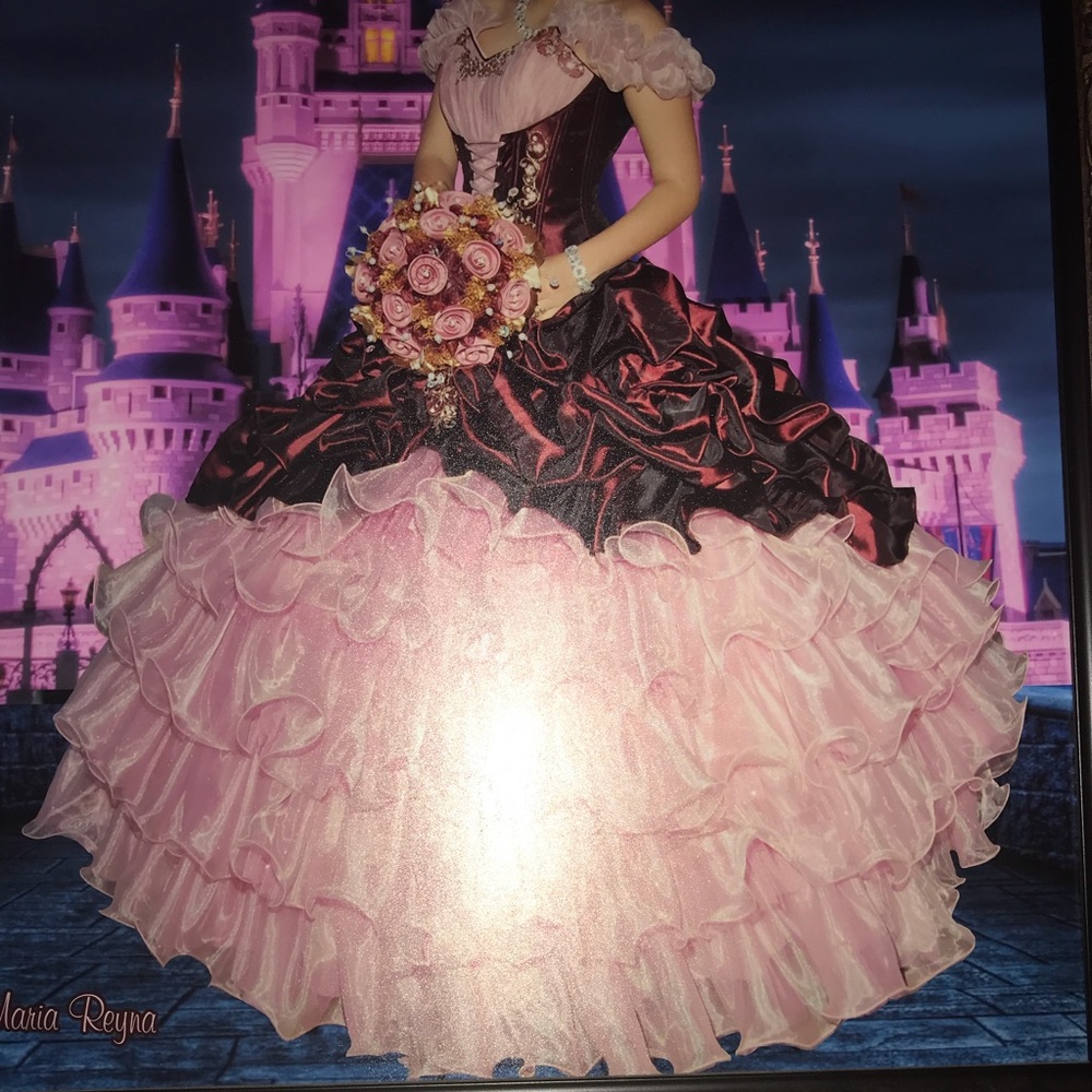 pink and burgundy quinceañera dress